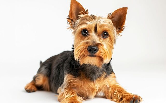 Yorkshire Terrier lying down on a white background, looking directly at the camera with perky ears and a silky tan-and-black coat.