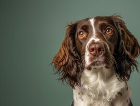 Close-up portrait of an English Springer Spaniel with long, wavy brown and white fur, looking upward with expressive amber eyes against a muted green background.