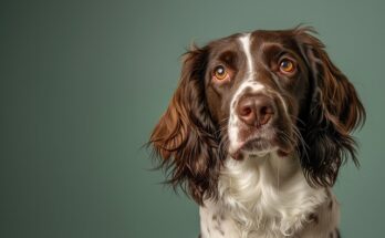 Close-up portrait of an English Springer Spaniel with long, wavy brown and white fur, looking upward with expressive amber eyes against a muted green background.