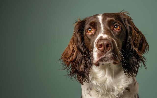 Close-up portrait of an English Springer Spaniel with long, wavy brown and white fur, looking upward with expressive amber eyes against a muted green background.
